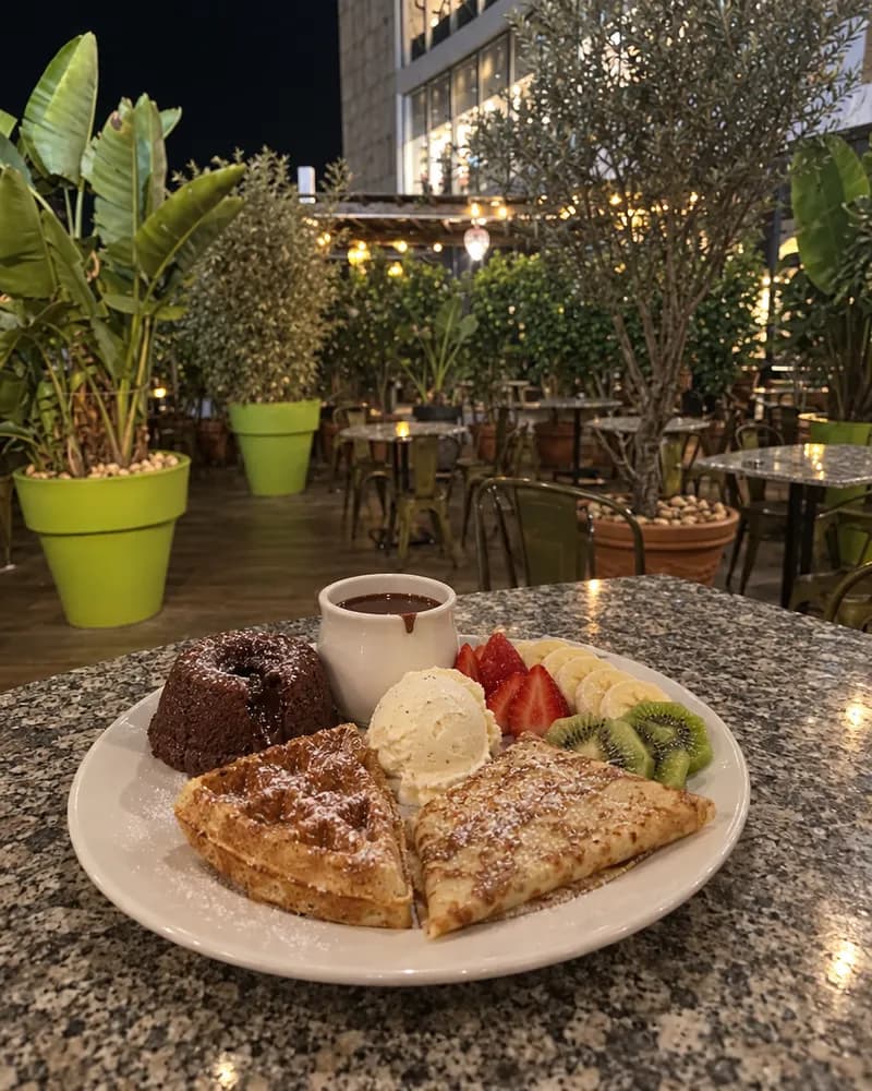 La fondue LEONARD : fondant, gaufre, crêpe, fruits, glace et sauce chocolat